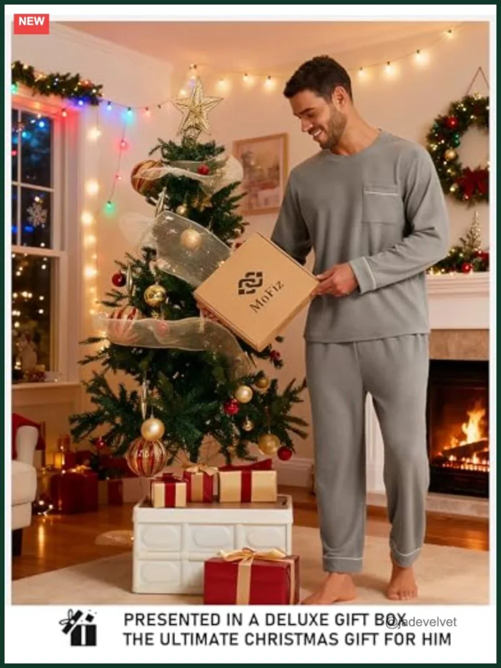 Men's Long Sleeve Crewneck Pajama Set with Pockets Rayon Loungewear